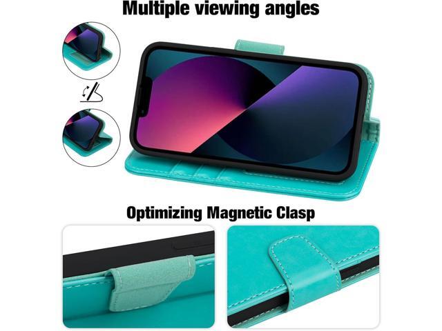Arae Compatible with iPhone 13 Case with Card Holder and Wrist Strap Wallet Flip Cover for iPhone 13 6.1 inch,Green