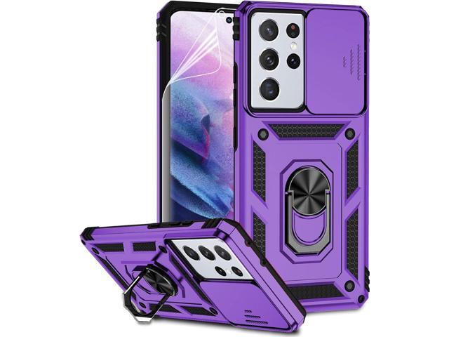 Phone Case with Camera Lens Cover for Samsung Galaxy S21 Ultra 5G, Military-Grade Drop Tested, Magnetic Ring Holder Kickstand Protective Case, Purple