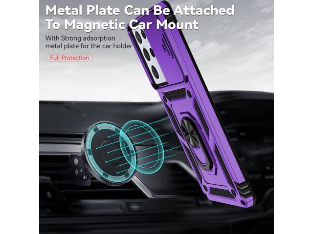 Phone Case with Camera Lens Cover for Samsung Galaxy S21 Ultra 5G, Military-Grade Drop Tested, Magnetic Ring Holder Kickstand Protective Case, Purple
