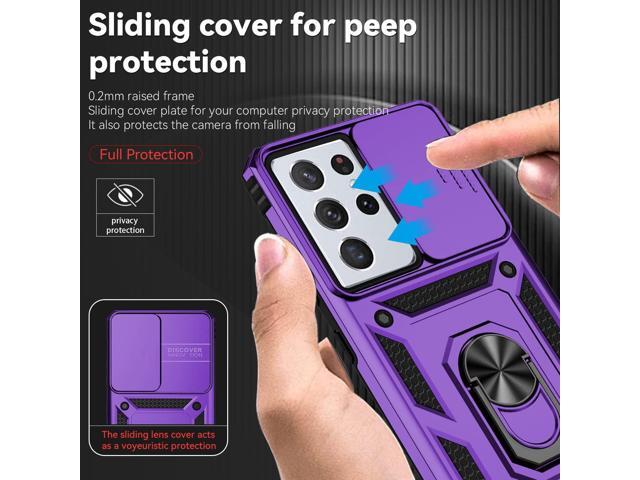 Phone Case with Camera Lens Cover for Samsung Galaxy S21 Ultra 5G, Military-Grade Drop Tested, Magnetic Ring Holder Kickstand Protective Case, Purple