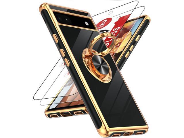 LeYi for Google Pixel 6A Case: with Tempered Glass Screen Protector [2 Pack] 360° Rotatable Ring Holder Magnetic Kickstand, Plating Rose Gold Edge...