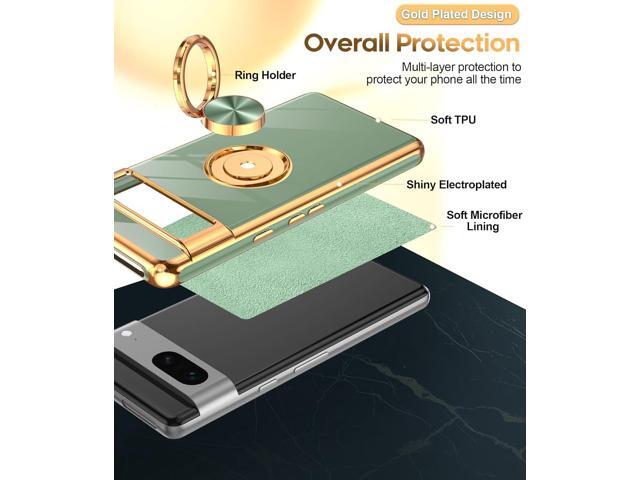 LeYi for Google Pixel 7 Phone Case: 360° Rotatable Ring Holder Magnetic Kickstand, Plating Rose Gold Edge Protective for Google Pixel 7 Case, L-Green