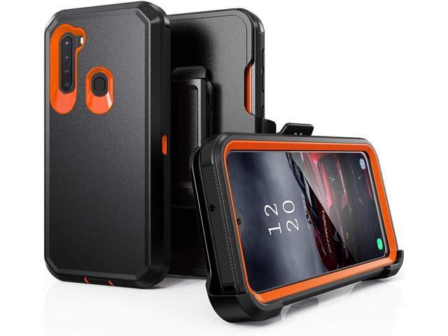 Phone Case for Samsung Galaxy A21 Phone, Heavy Duty Hard Shockproof Armor Protector Case Cover with Belt Clip Holster for Samsung A21 (Black+Orange)