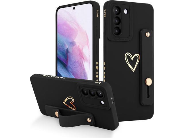 Fiyart Galaxy S21 5G 6.2' Case - Cute Love Hearts, Slim Protective Cover with Stand & Wrist Strap, Black