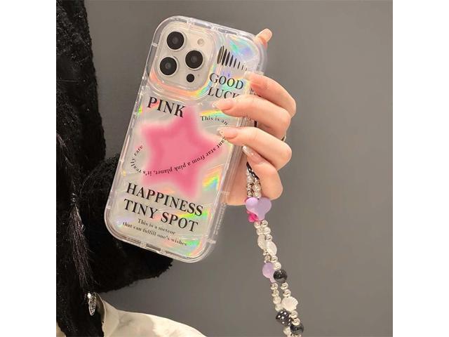 Fycyko Case for iPhone 12/12 Pro with Phone Charm/Chain,Sparkly Pink Star Pattern Clear Cute Phone Case with Pearl Love Heart Bracelet,Luxury Bling...