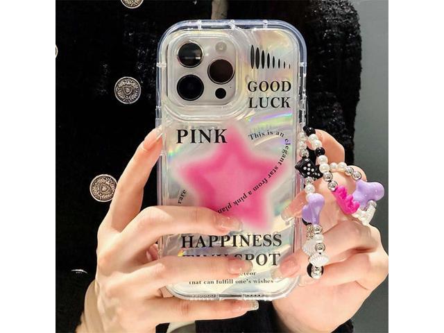 Fycyko Case for iPhone 12/12 Pro with Phone Charm/Chain,Sparkly Pink Star Pattern Clear Cute Phone Case with Pearl Love Heart Bracelet,Luxury Bling...