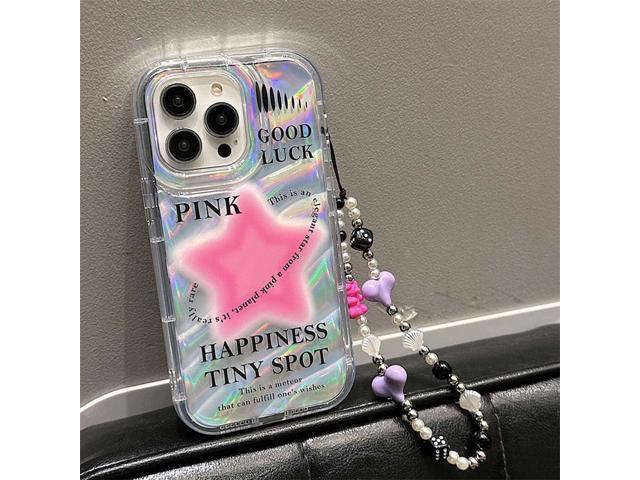 Fycyko Case for iPhone 12/12 Pro with Phone Charm/Chain,Sparkly Pink Star Pattern Clear Cute Phone Case with Pearl Love Heart Bracelet,Luxury Bling...