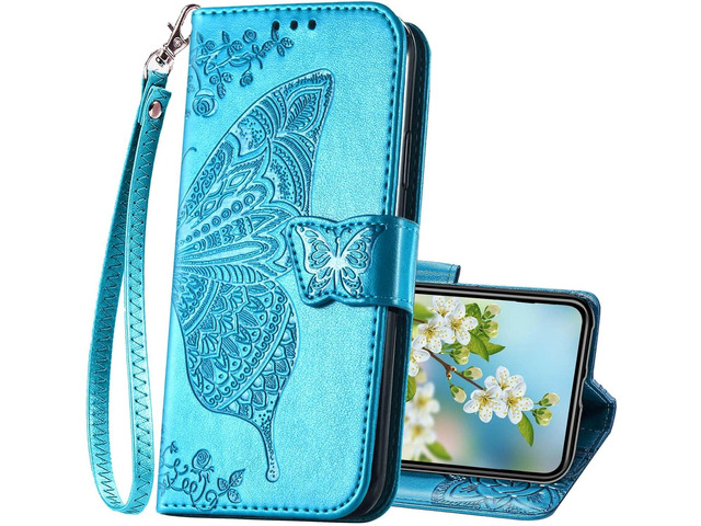 for iPhone 12 Mini Wallet Case,Women Flip Folio Cover Butterfly Embossed PU Leather Kickstand Card Holder Slots Wrist Strap Purse Phone Case,5.4...