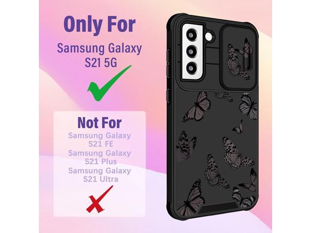(2in1 for Samsung Galaxy S21 Case for Women Butterfly Cute Girls Phone Cover Girly Pretty Aesthetic Kawaii Black Butterfly Design with Camera Cover...