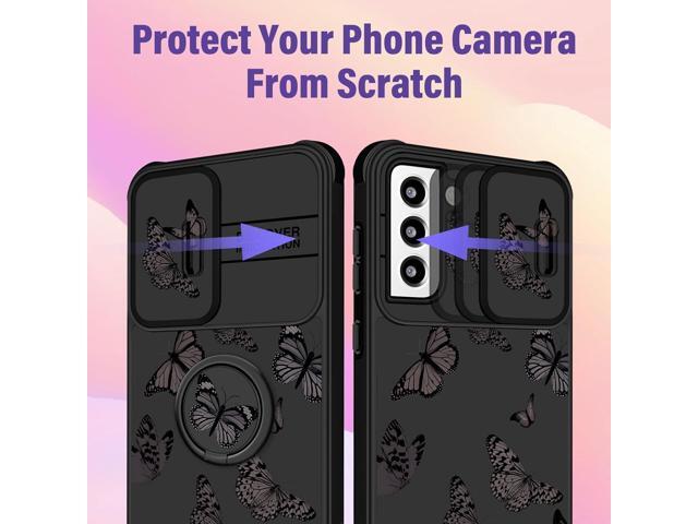 (2in1 for Samsung Galaxy S21 Case for Women Butterfly Cute Girls Phone Cover Girly Pretty Aesthetic Kawaii Black Butterfly Design with Camera Cover...