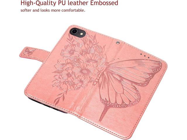 for iPhone SE 2022/SE 2020 Case,for iPhone 6/6S/7/8 Wallet Case,Butterfly Floral Embossed,Wrist Strap,Card Holder Slots,Stand Leather Protective...