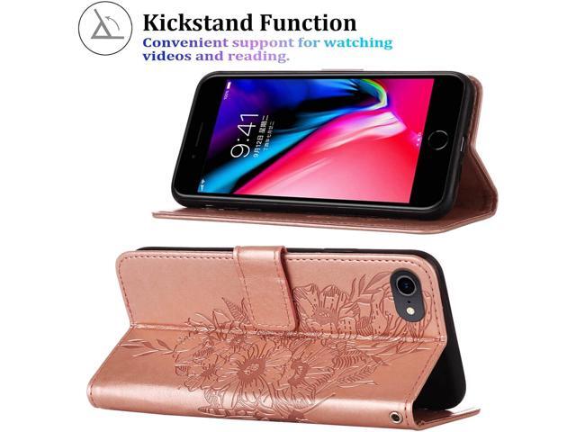 for iPhone SE 2022/SE 2020 Case,for iPhone 6/6S/7/8 Wallet Case,Butterfly Floral Embossed,Wrist Strap,Card Holder Slots,Stand Leather Protective...