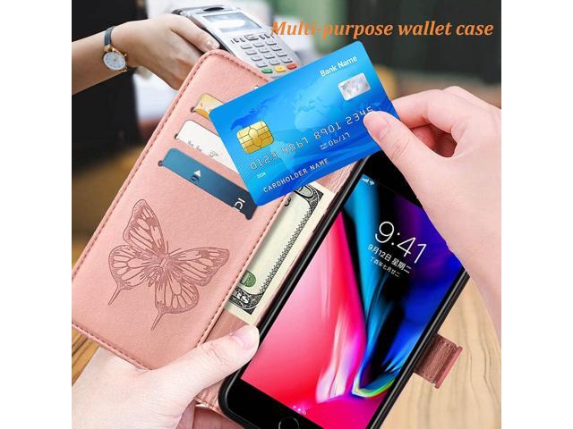 for iPhone SE 2022/SE 2020 Case,for iPhone 6/6S/7/8 Wallet Case,Butterfly Floral Embossed,Wrist Strap,Card Holder Slots,Stand Leather Protective...