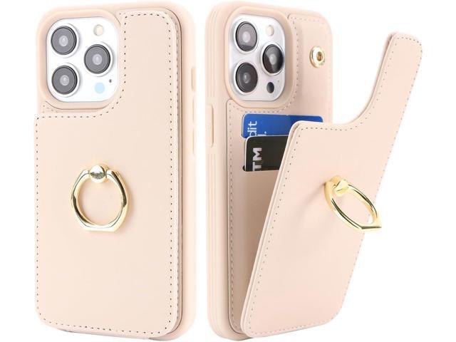 for iPhone 15 Pro Case with Card Holder,Credit Card Holder,Ring Stand Kickstand,Shockproof Cute Phone Wallet Case for Women (6.1 inch,Beige)