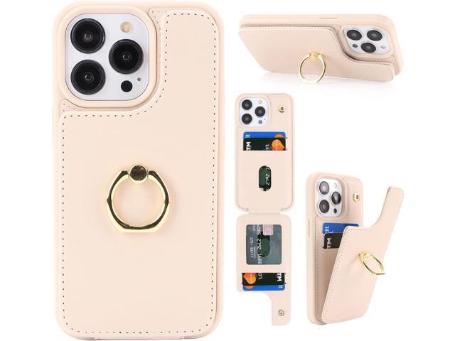 for iPhone 15 Pro Case with Card Holder,Credit Card Holder,Ring Stand Kickstand,Shockproof Cute Phone Wallet Case for Women (6.1 inch,Beige)