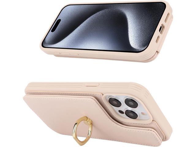 for iPhone 15 Pro Case with Card Holder,Credit Card Holder,Ring Stand Kickstand,Shockproof Cute Phone Wallet Case for Women (6.1 inch,Beige)