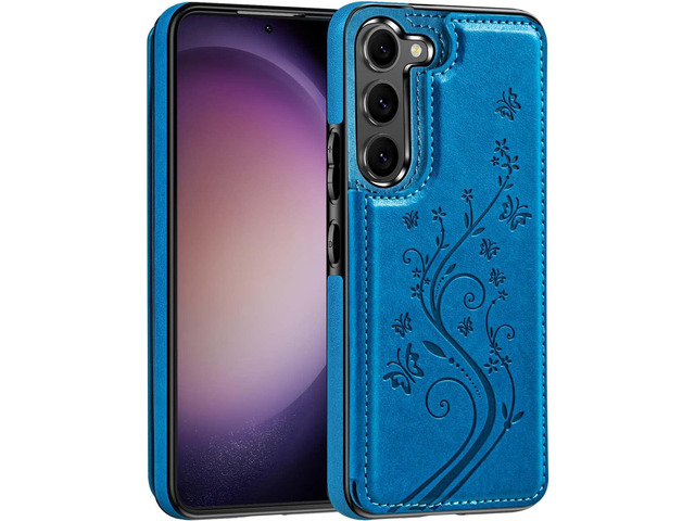 Korecase for Samsung Galaxy S23 Wallet Phone Case with Card Holder, Butterfly Flower PU Leather Butterfly Floral Back Flip Case for Samsung S23,Blue