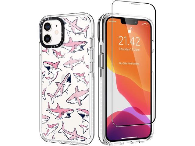 Design for iPhone 12 case & iPhone 12 Pro Case 6.1 inch with Tempered Glass Screen Protector,Cute Pink Sharks Print Slim Design with Shockproof PC...