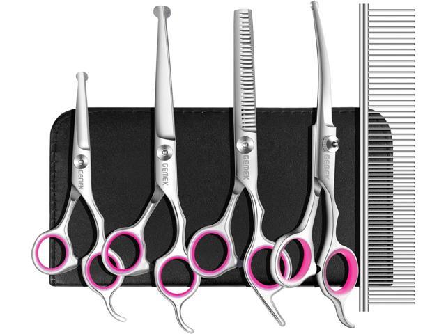 GEMEK Dog Grooming Scissors Set, 4CR Stainless Steel Safety Round Tip Pet Professional Grooming Tool 5 Pieces Kit - Straight, Curved, Thinning...