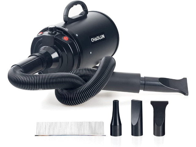 Dog Dryer for Pet Grooming, High Velocity Pet Hair Dryer with Heater, Adjustable Speed, 3 Nozzles and a Comb, Black