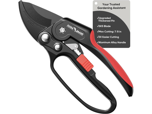 FLORA GUARD Ratchet Pruning Shears for Seniors & Arthritic Hands, Heavy Duty Garden Clippers with SK5 Steel Blade, 3-Step Ratcheting Pruners for...