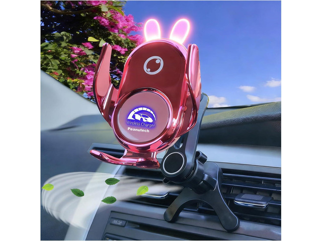 Car Phone Holder Mount Wireless Charging Auto Clamping Rotatable Vent Clip Cute Pink Rabbit Woman for iPhone Samsung Andriod Phone