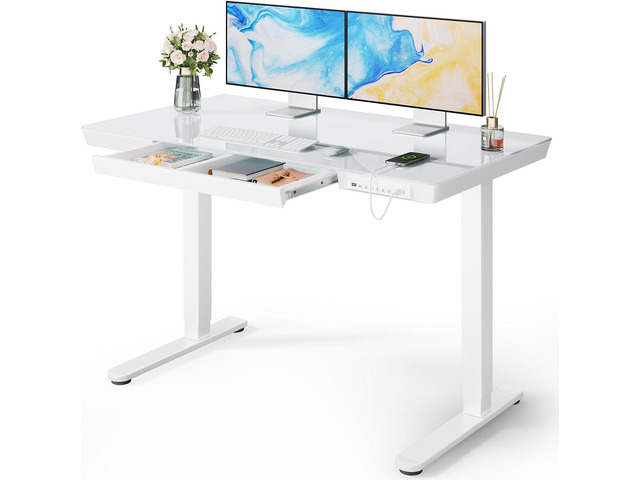 Glass Standing Desk with Drawer, 48 x 24 inch Electric Standing Desk, Height Adjustable Desk with One-Piece Tabletop & USB Charging Ports, Sit...