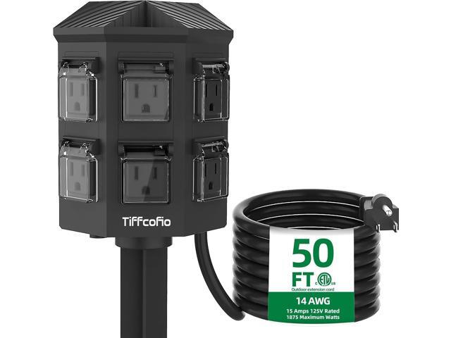 Outdoor Power Strip Weatherproof, 50 FT Extension Cord with Power Stake, 6 Grounded Outlets for Outdoor Lights, 15A/1875W, ETL Listed