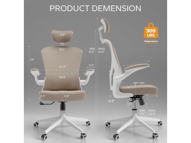 Ergonomic Office Chair with Adjustable Flip-Up Armrests & Lumbar Support - Thickened Cushion Desk Chair with Wheels, Comfy Home Office Computer Chair