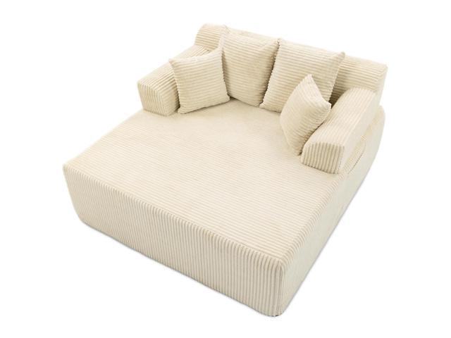 VANBOW 58' Chaise Lounge Chair Indoor, Oversized Corduroy Boneless Sleeper Sofa Bed with Armrests & 4 Pillows, No Assembly for Living Room, Beige