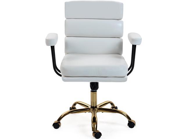 VANBOW Faux Leather Home Office Desk Chair, Gold Base Vanity Chair with Wheels, Padded Seat and Armrests, Adjustable Height Swivel Executive.