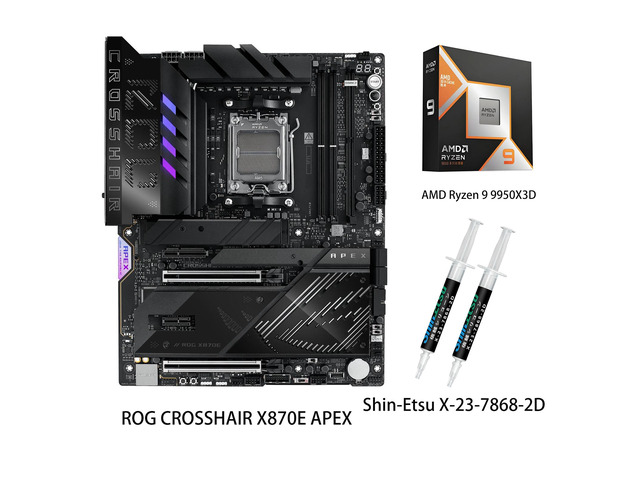 ASUS ROG CROSSHAIR X870E APEX Motherboard & AMD Ryzen 9 9950X3D CPU Combo, AMD AM5 ATX motherboard, 18+2+2 stages, DDR5, ROG Memory Fan, ROG...