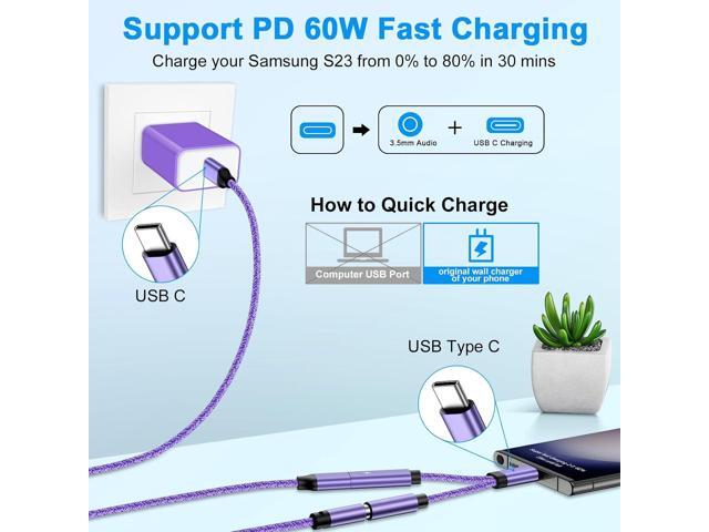 USB C to 3.5mm Audio Headphone & Android Phone Charger Adapter, 2-in-1 Type C to Aux Earphone Jack Dongle Cable & 60W Fast Charging for Samsung...