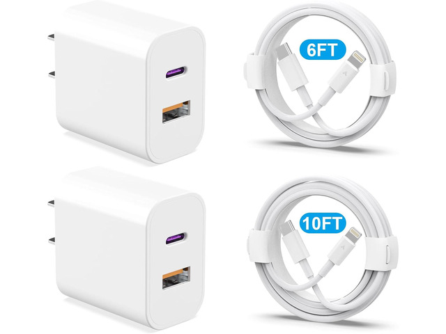20W Dual Port Fast Charger Block 2-Pack with 6FT & 10FT MFi-Certified Cables, PD/QC3.0 Quick Charge Adapter for iPhone 14/13/12/11 Pro Max/XS/XR/X,...