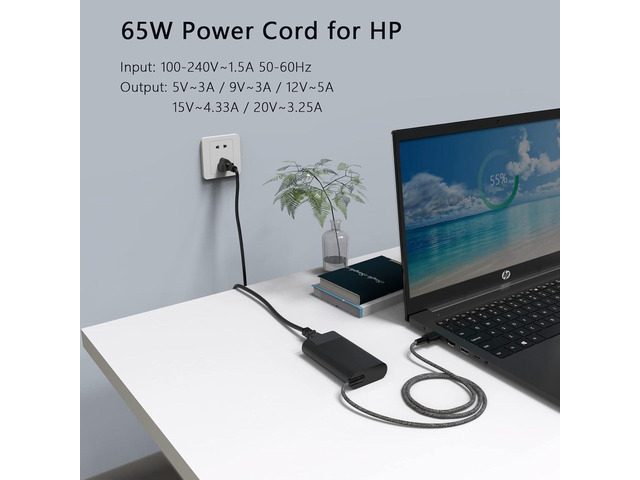 New Slim 65W USB C Charger, Compatible with HP EliteBook 830 840 845 865 640 650 1040 G8 G10, Envy x360 15, ZBook, Spectre ProBook Chromebook X360...