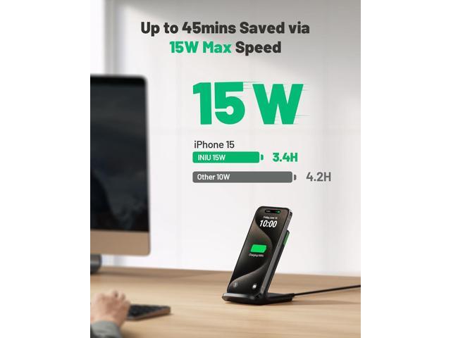 INIU Wireless Charger, 15W Fast Qi-Certified Wireless Charging Station with Sleep-Friendly Adaptive Light Compatible with iPhone 15 14 13 12 Pro XS...