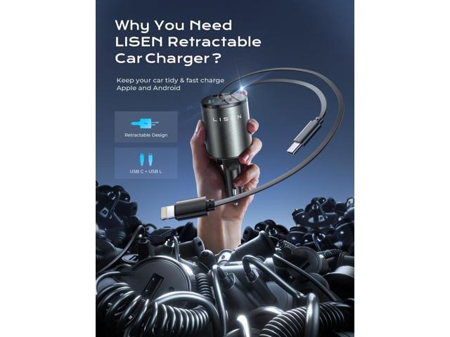 LISEN 4 in 1 Retractable iPhone Car Charger [All Metal] [69W], Fast Charge Car Phone Charger Adapter Retractable Cables, Car Organization for...