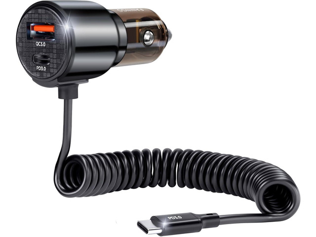 110W Retractable Car Charger, 3Port Cigarette Lighter Adapter, 5.7 ft Retractable USBC Cable, Car Charger USB C Fast Charge for iPhone 17/16/15...