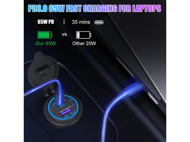 Boostable 12V USB C Outlet 65W PD3.0 Port and 18W Quick Charge 3.0 Car USB Charger Socket for Laptops Tablets Phones, Waterproof 12V/24V Socket...
