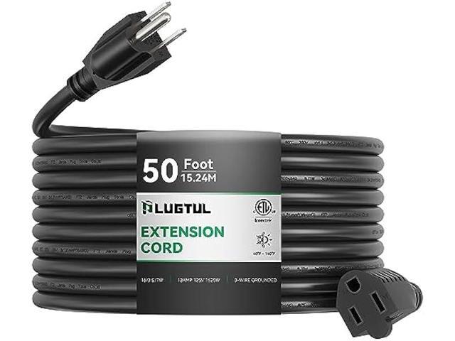 PLUGTUL Outdoor Extension Cord 50 FT Waterproof, 16/3 Gauge Black Heavy Duty 3 Prong Extension Cord, 13A 1625W SJTW, ETL Listed, Great for Garden...