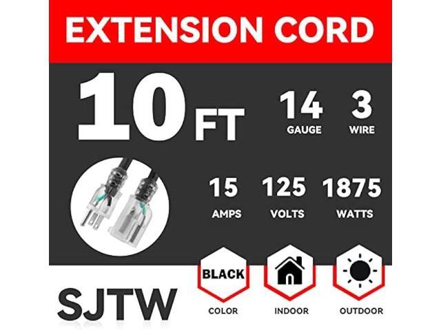 GREATIDE 10 Ft 14/3 Lighted Outdoor Extension Cord - 14 Gauge SJTW Heavy Duty Black Extension Cable with 3 Prong Grounded Plug, Great for Lawn,...