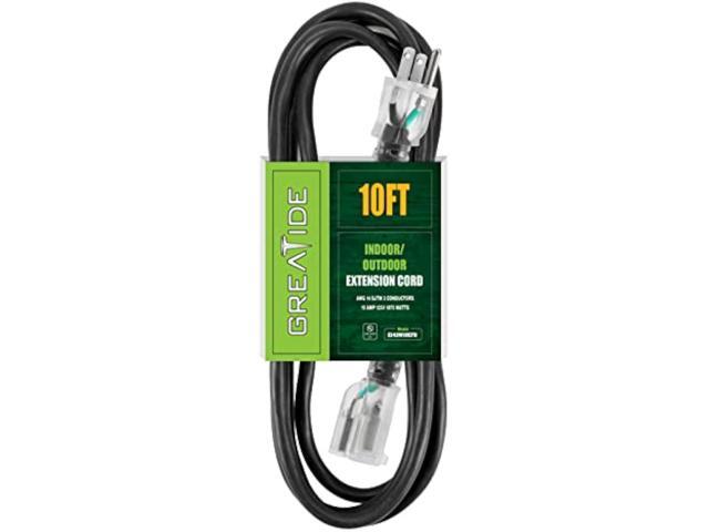 GREATIDE 10 Ft 14/3 Lighted Outdoor Extension Cord - 14 Gauge SJTW Heavy Duty Black Extension Cable with 3 Prong Grounded Plug, Great for Lawn,...