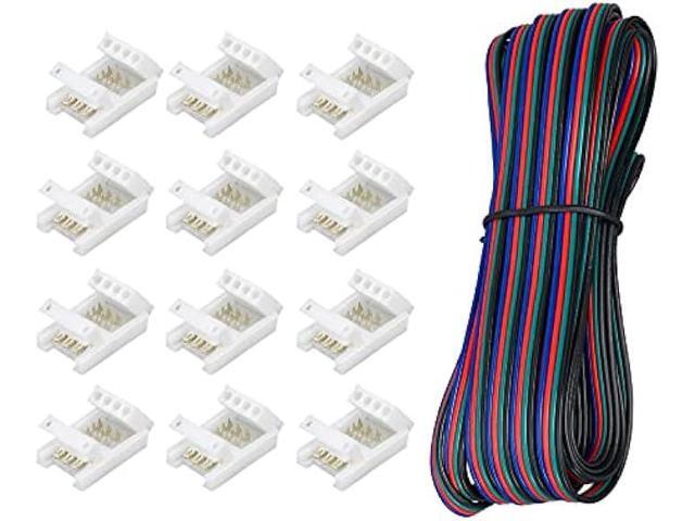 22 Gauge AWG 4 Pin RGB LED Strip Extension Cable Wire Cord 16.4ft and 12 Pcs 10mm RGB LED Strip Light Connectors No Wire Stripping for 3528 5050...