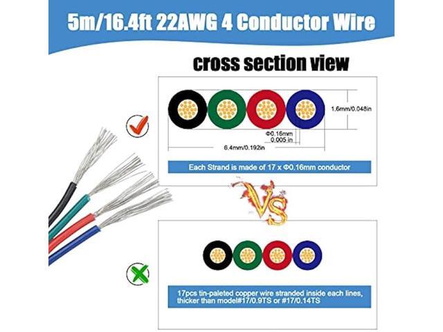 Rifachua 22 Gauge AWG 4 Pin RGB LED Strip Extension Cable Wire Cord 16.4ft and 12 Pcs 10mm RGB LED Strip Light Connectors No Wire Stripping for...