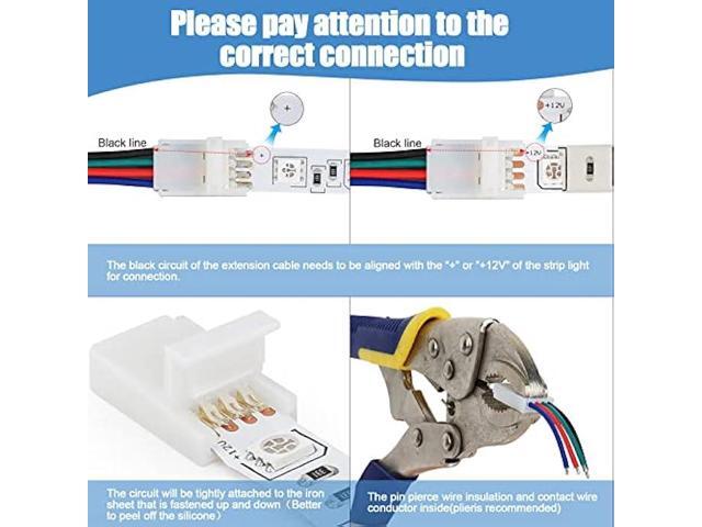 Rifachua 22 Gauge AWG 4 Pin RGB LED Strip Extension Cable Wire Cord 16.4ft and 12 Pcs 10mm RGB LED Strip Light Connectors No Wire Stripping for...