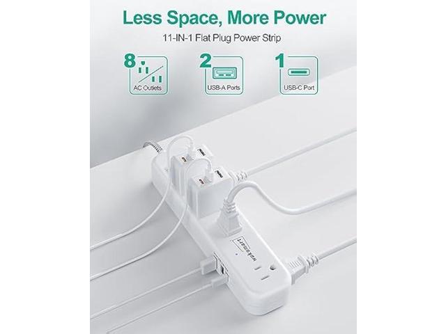 Flat Extension Cord 20 FT Multiple Outlets- Surge Protector Power Strip 8 AC Outlets 3 USB Fast Charge (3.4A 17W) 1080 Joules Long Braided Cord...