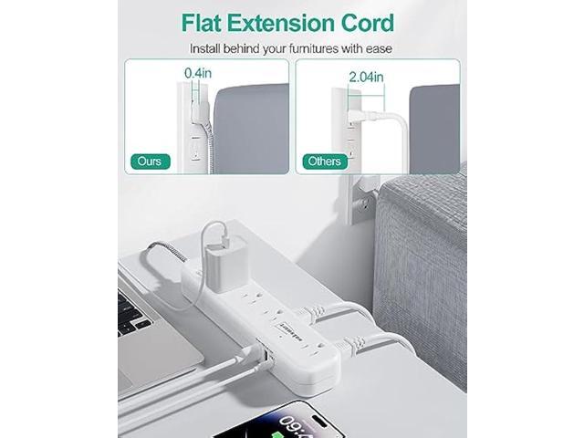 Flat Extension Cord 20 FT Multiple Outlets- Surge Protector Power Strip 8 AC Outlets 3 USB Fast Charge (3.4A 17W) 1080 Joules Long Braided Cord...