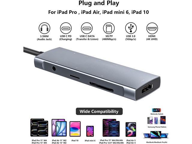 USB C HUB for iPad Pro 9-in-1 Adapter iPad Pro M4 M2 M1 13 12.9 11 inch iPad Air 5 4 Docking Station with 4K HDMI, USB-C PD, SD/TF Card Reader, USB...