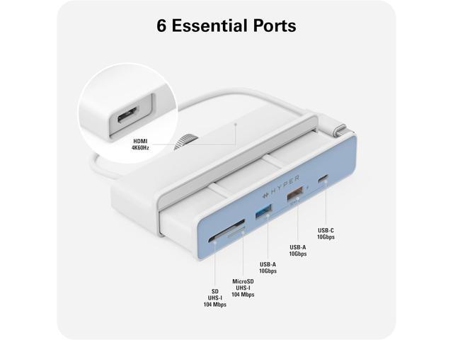 HyperDrive iMac USB Hub Adapter, 6in1 iMac Accessories: HDMI 4K60Hz, USB-C 10Gbps, 2 USB-A 10Gbps, SD UHS-I, MicroSD UHS-I for iMac 2021 24 inch