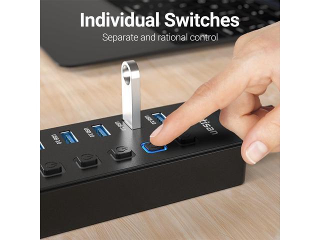 Powered USB Hub, 11-Port USB 3.0 Hub Splitter - 10 USB 3.0 Data Transfer Ports + 1 Smart Charging Port, USB Hub 3.0 Powered with Individual LED...